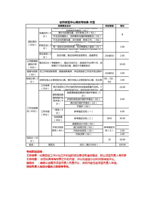 软件开发人员项目考核表