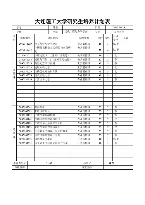 大连理工大学研究生培养计划表