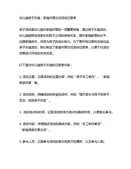 幼儿园亲子乐园：家园共育交流活动记录表
