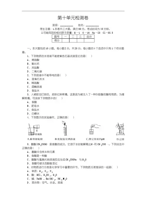 九年级化学 第十单元检测卷(含答案)