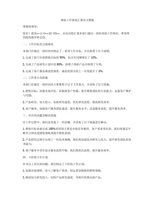 指标工作情况汇报范文模板