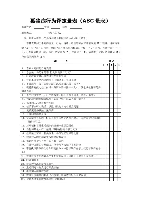 (完整版)孤独症行为评定量表ABC量表