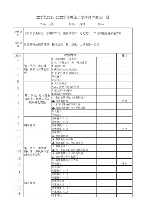 历史七年级下册学科进度计划表