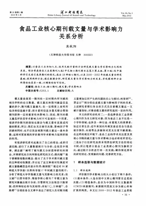 食品工业核心期刊载文量与学术影响力关系分析