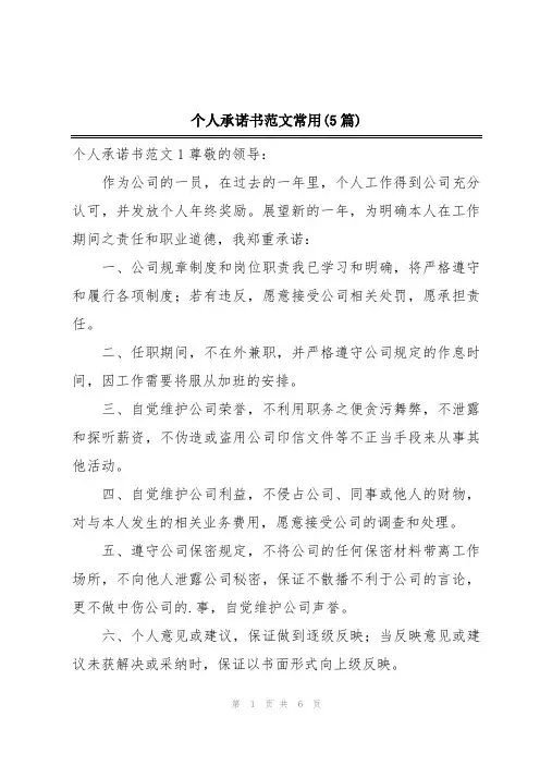 个人承诺书范文常用(5篇)