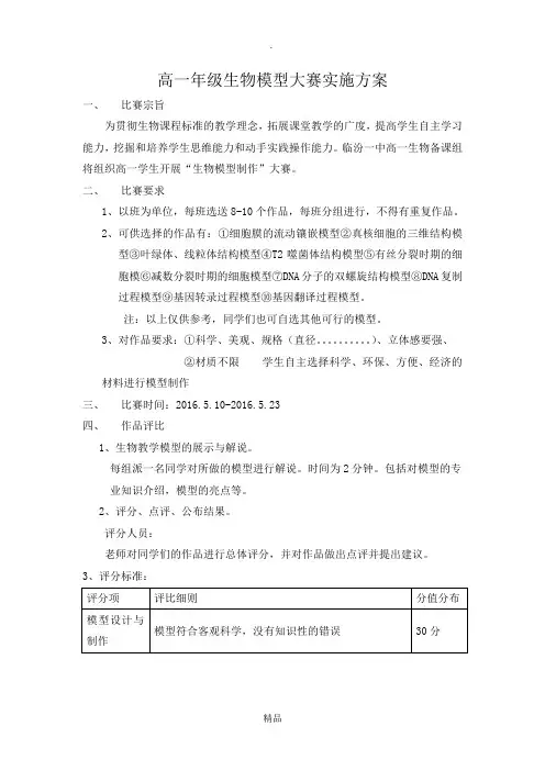 高一年级生物模型大赛