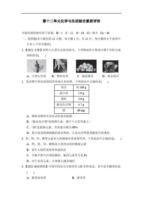 第十二单元化学与生活 综合素质评价(含答案)人教版化学九年级下册