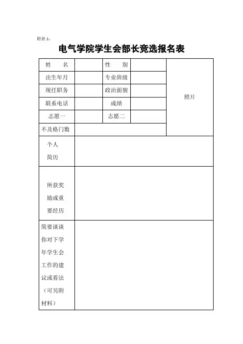 电气学院学生会部长、副部长产生办法(报名表)