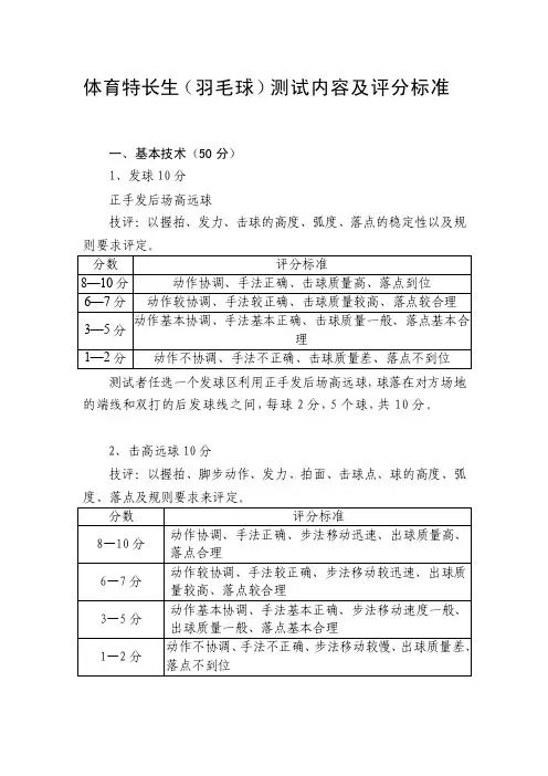 体育特长生（羽毛球）测试内容及评分标准