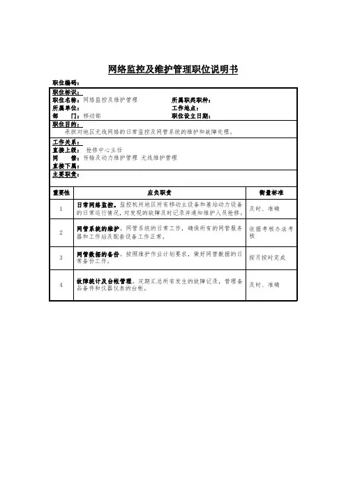 岗位职责-网络监控及维护管理岗位说明书 精品