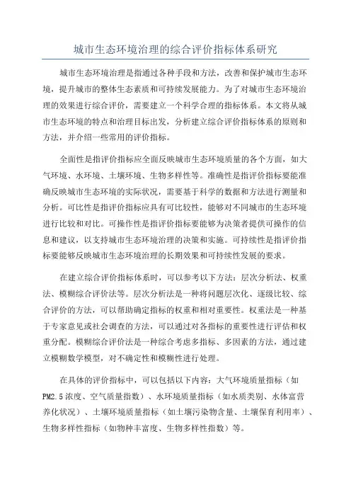 城市生态环境治理的综合评价指标体系研究