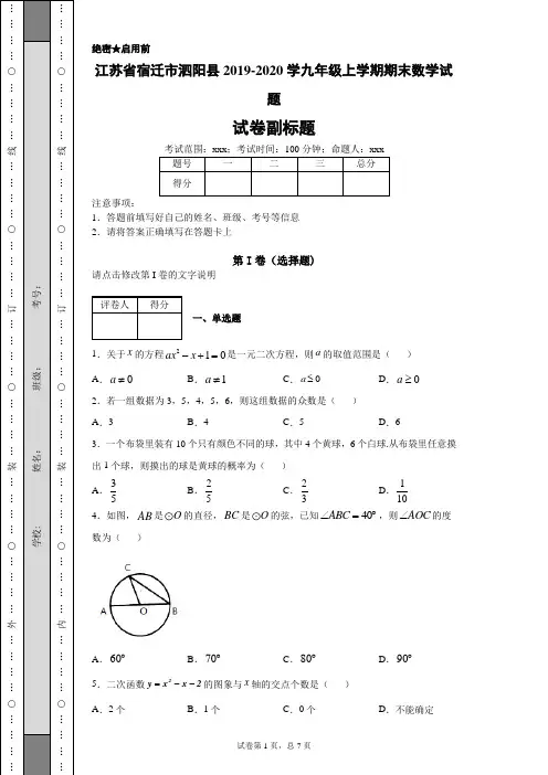 江苏省宿迁市泗阳县2019-2020学九年级上学期期末数学试题(附带详细解析)