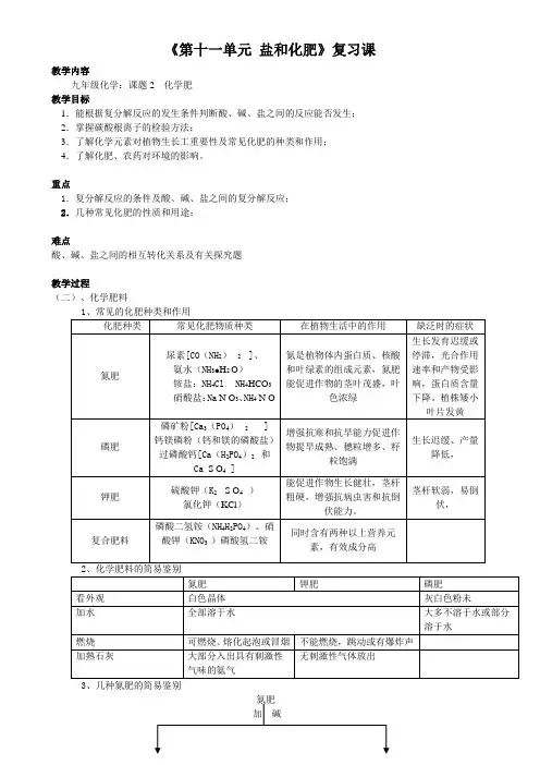 人教版初三化学下册第11单元盐-化肥复习课教学设计