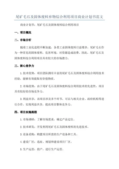尾矿毛石及固体废料弃物综合利用项目商业计划书范文