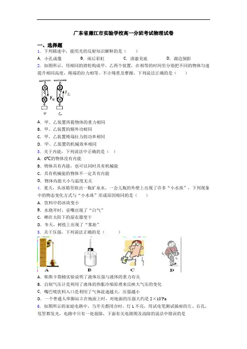广东省廉江市实验学校高一分班考试物理试卷