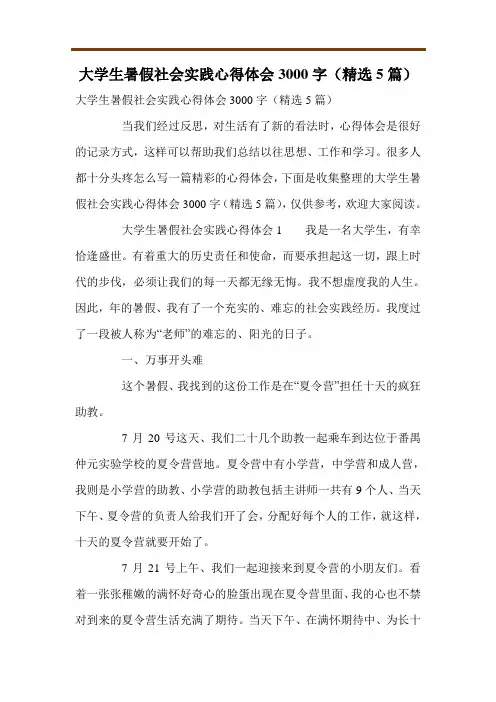 大学生暑假社会实践心得体会3000字(精选5篇)