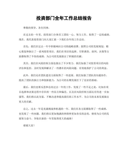 投资部门全年工作总结报告