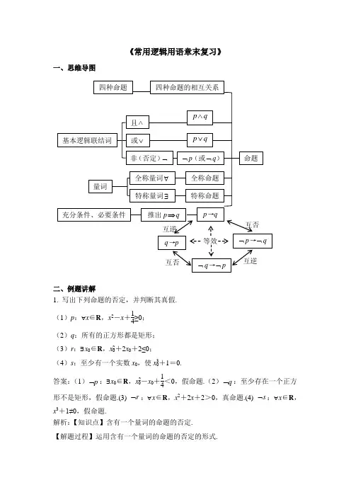 人教课标版高中数学选修2-1：《常用逻辑用语章末复习》教案-新版