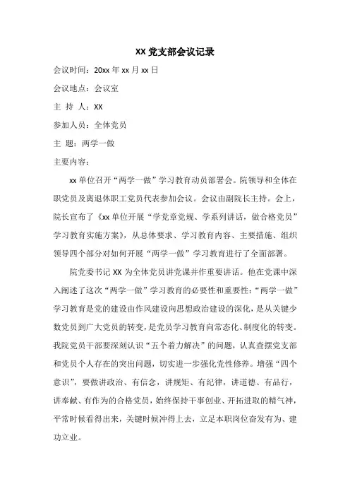 123党支部会议记录：两学一做