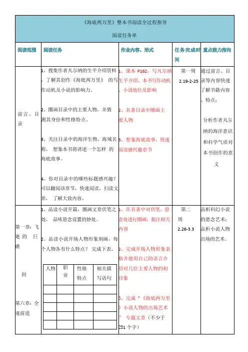 2024年七年级下册名著学习《海底两万里》阅读任务单
