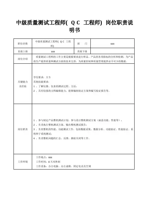 中级质量测试工程师(QC工程师)岗位职责说明书[精美打印版本]