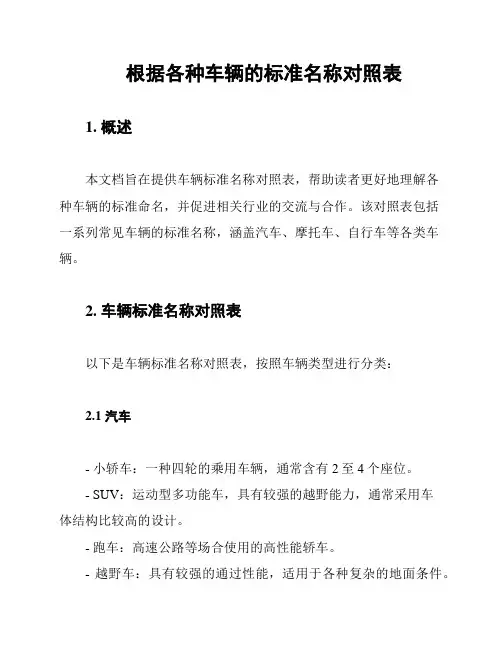 根据各种车辆的标准名称对照表