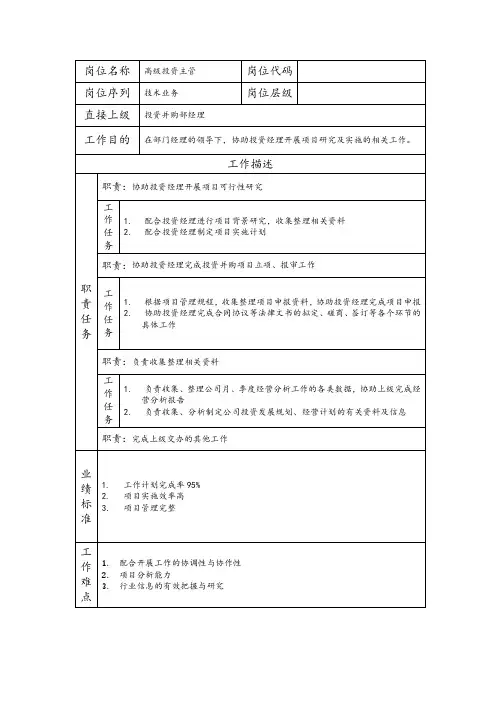 高级投资主管-投资管理类岗位职责说明书