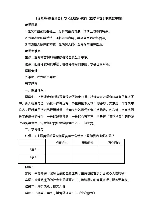 [++高+中语文]《念奴娇+赤壁怀古》《永遇乐+京口北固亭怀古》联读教学设计+