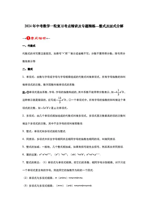 2024年中考数学一轮复习考点精讲及专题精练—整式及因式分解