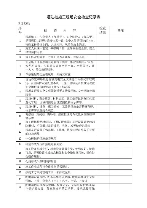 灌注桩施工现场安全检查记录