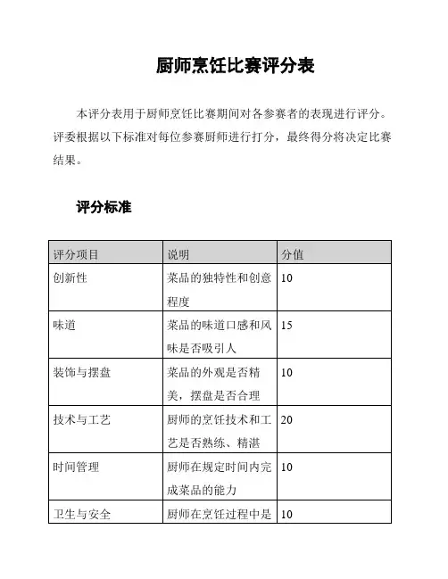 厨师烹饪比赛评分表