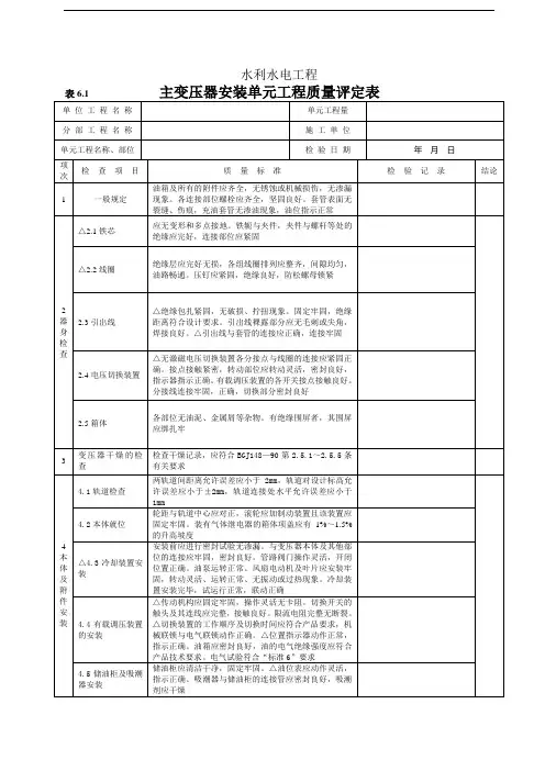 主变压器安装单元工程质量评定表