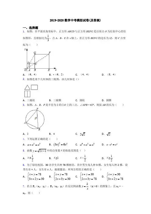 2019-2020数学中考模拟试卷(及答案)