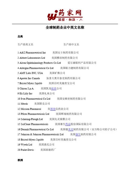全球制药企业中英文对照