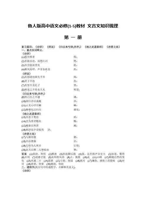 鲁人版高中语文必修(1-5)教材 文言文知识梳理