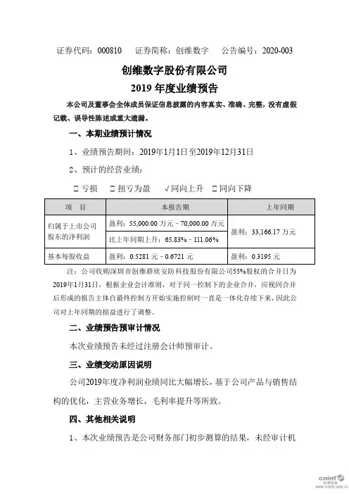 创维数字：2019年度业绩预告
