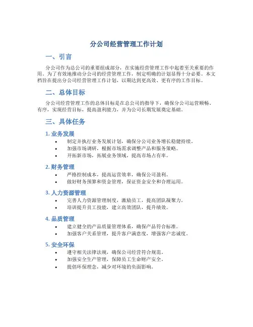 分公司经营管理工作计划