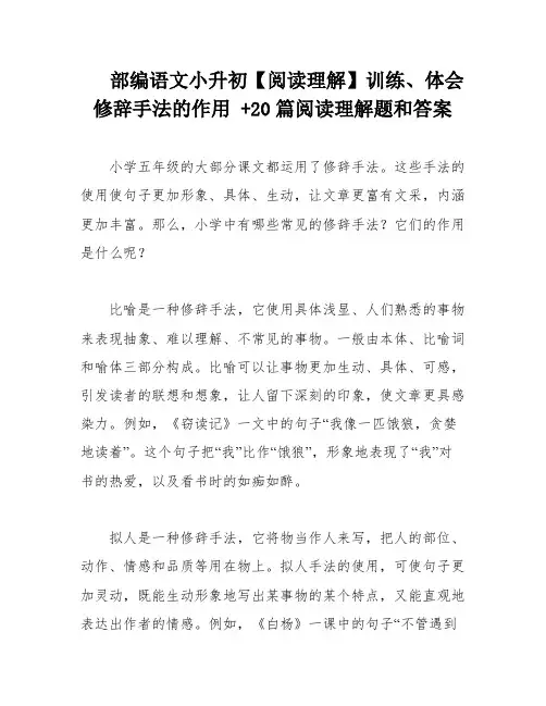 部编语文小升初【阅读理解】训练、体会修辞手法的作用 +20篇阅读理解题和答案