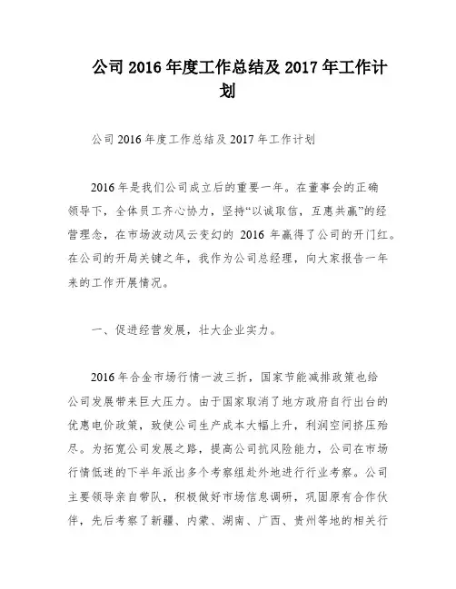 公司2016年度工作总结及2017年工作计划