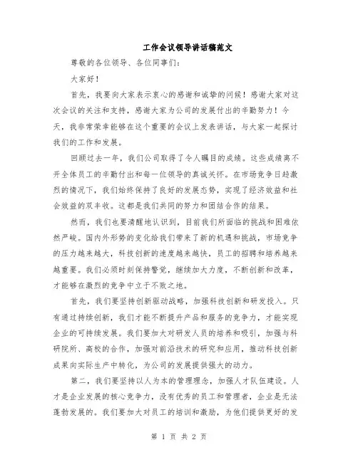 工作会议领导讲话稿范文