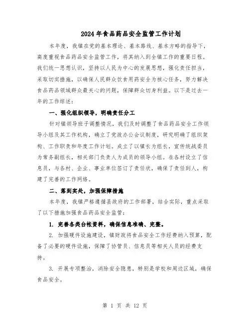 2024年食品药品安全监管工作计划（6篇）