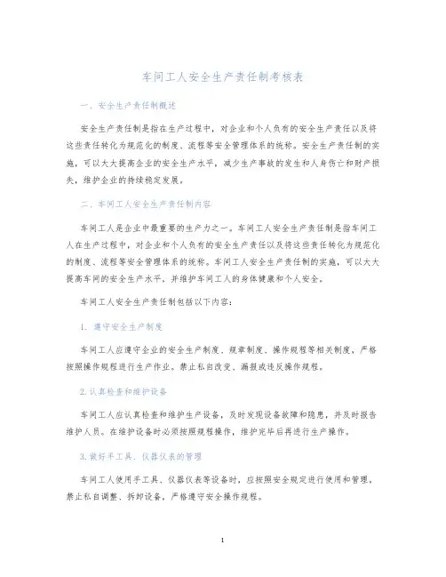 车间工人安全生产责任制考核表