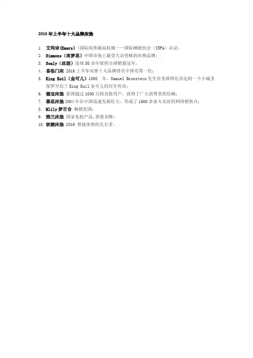 2016年上半年十大品牌床垫