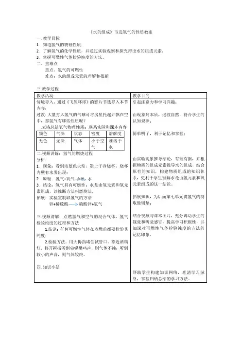 氢气的性质 初中九年级化学教案教学设计课后反思 人教版