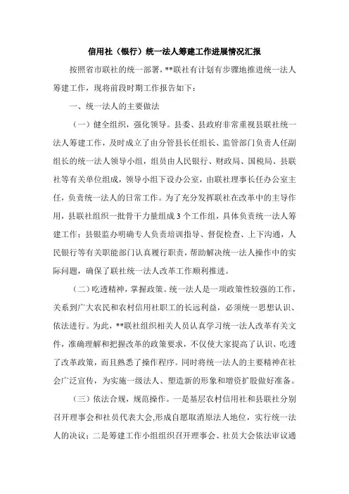 信用社(银行)统一法人筹建工作进展情况汇报