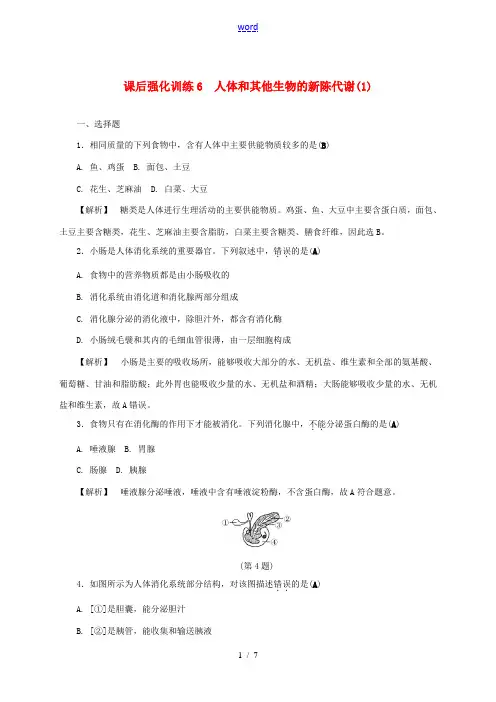 浙江省中考科学 课后强化训练6 人体和其他生物的新陈代谢(1)(含解析)-人教版初中九年级全册自然科