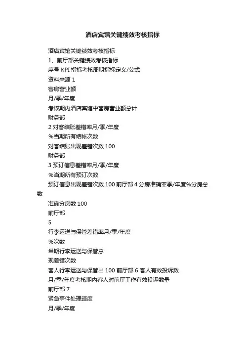 酒店宾馆关键绩效考核指标