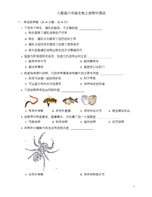人教版八年级生物上册期中测试(含答案)