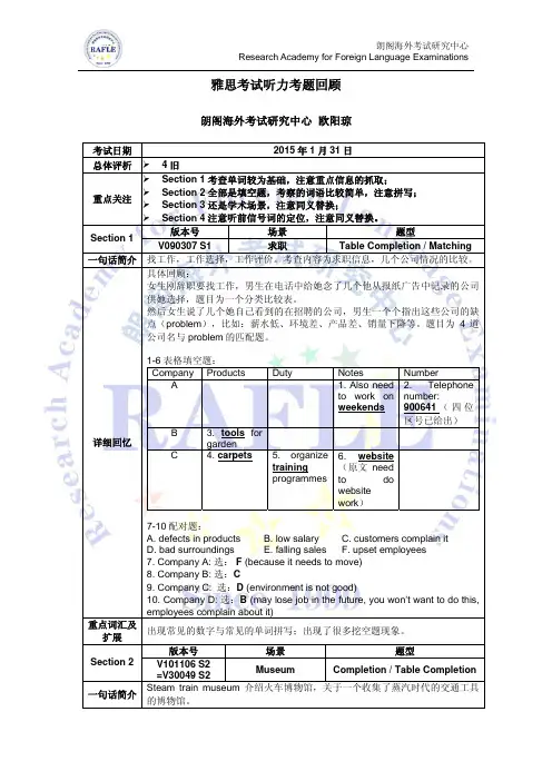 2015年01月31日雅思考试听力考题回顾
