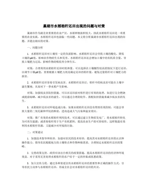巢湖市水稻秸秆还田出现的问题与对策